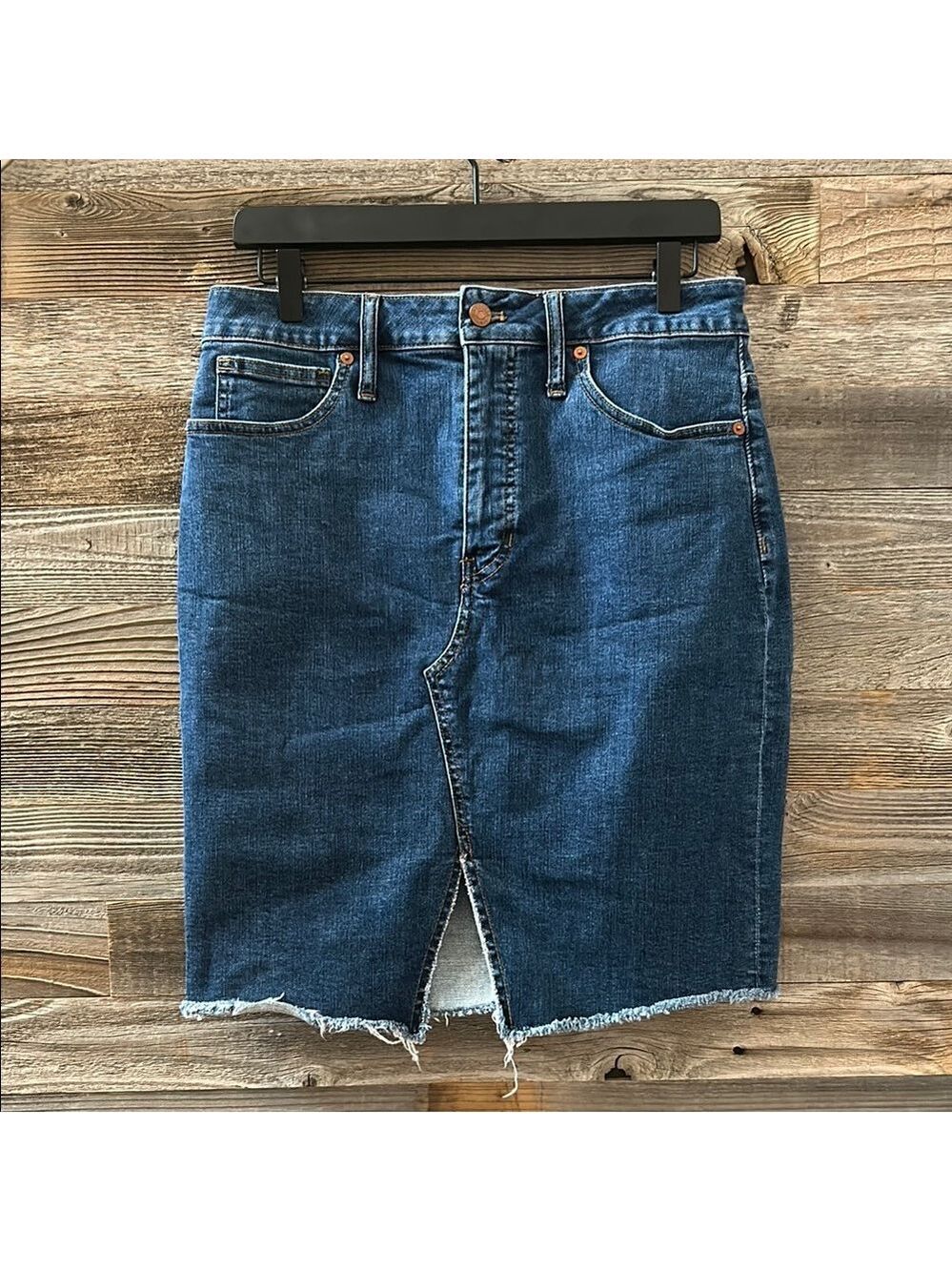 Madewell Denim Mini Frayed Hem Front Slit Skirt Size 30 - Picture 1 of 8